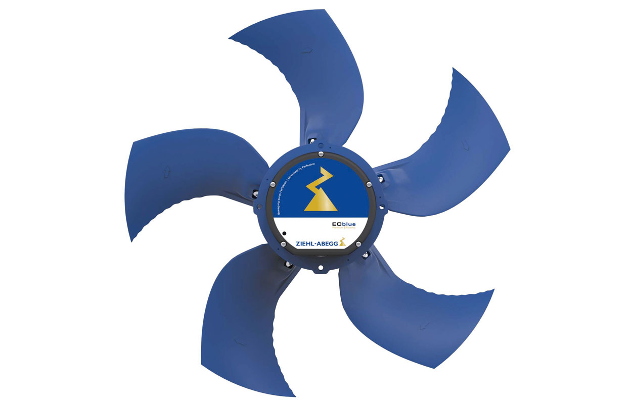 Axialventilator FFowlet blauer bionisch designter Axialventilator FFowlet mit ECblue motor Frontansicht