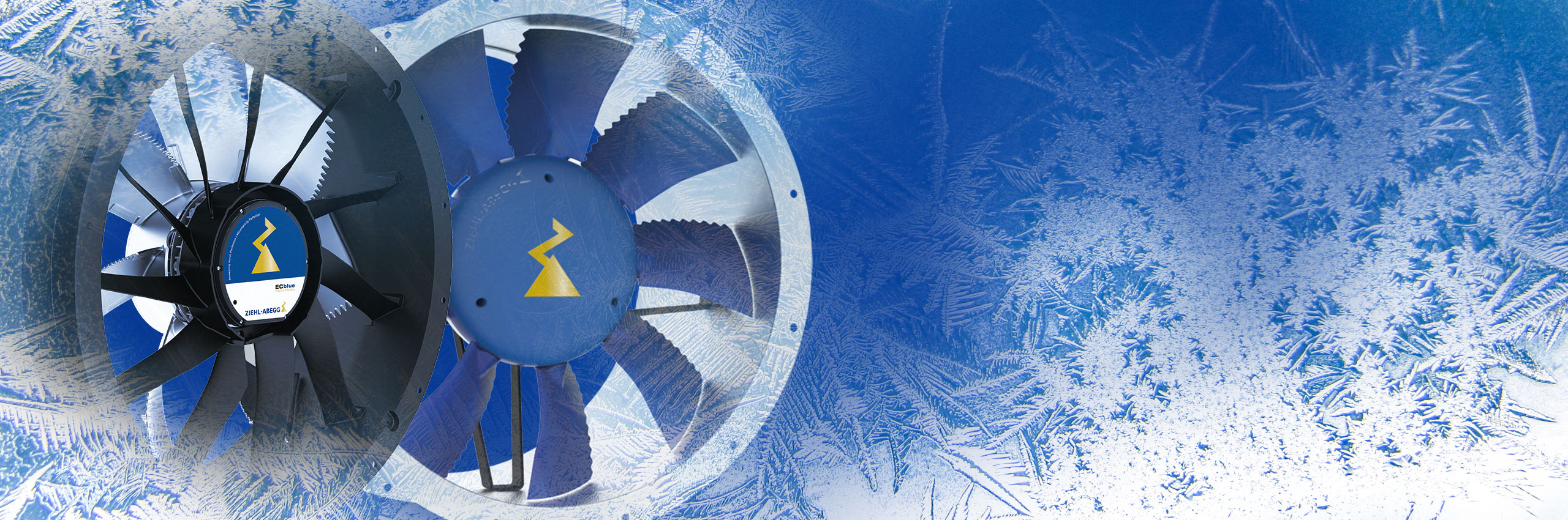 Banner Prozess- und Industriekälte Zwei Axialventilatoren FE2owlet mit ZAplus und MAXventowlet vor blauem Hintergrund